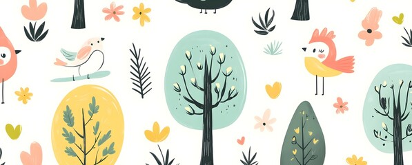 Canvas Print - Cute Birds and Trees Seamless Pattern