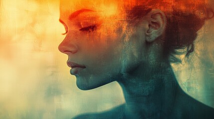 Wall Mural - a portrait with a grainy gradient overlay, shifting from warm tones at the top to cooler tones at th