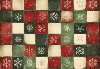 Sticker - Checkerboard Pattern with White Snowflakes on Red Green and Beige