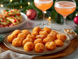 A plate of fried dough balls sits on a wooden table next to two wine glasses. The table is decorated with Christmas ornaments and a Christmas tree