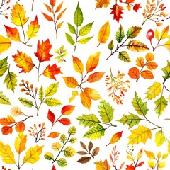 Wall Mural - Watercolor Autumn Leaves Seamless Pattern