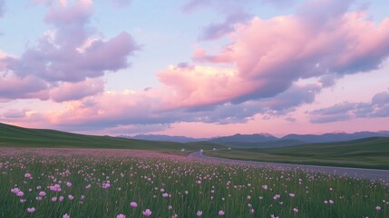 Wall Mural - vibrant wildflowers bloom in the serene valley under a pastel sky during sunset near rolling hills i