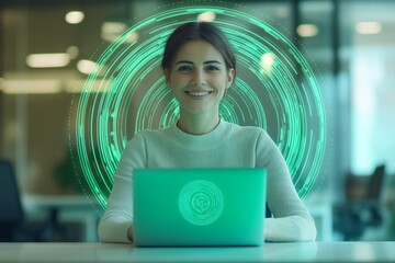 Smiling Woman Working on Laptop with Futuristic Green Interface