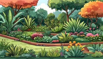 Poster - Vibrant cartoon landscape showcasing native plants in an ecofriendly garden, emphasizing biodiversity in a flat pastel design