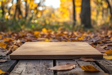 Wall Mural - Wooden board on a forest background with autumn foliage background For display or montage products with generatve ai