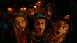 © BajimBa - Screaming children, girls and boys in Halloween costumes, a nightmarish frightening night party