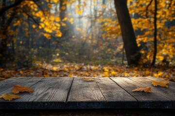 Wall Mural - Wooden board on a forest background with autumn foliage background For display or montage products with generatve ai