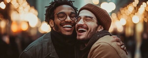 Two friends laughing together while enjoying christmas market