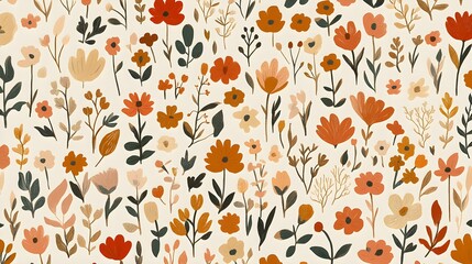 Sticker - Hand Drawn Floral Pattern with Red, Orange, and Brown Flowers