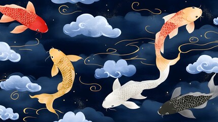 Canvas Print - Koi Fish Swimming in Clouds