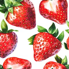 Wall Mural - Watercolor Red Strawberry Seamless Pattern