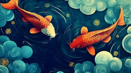 Wall Mural - Two Koi Fish Swimming in a Pond