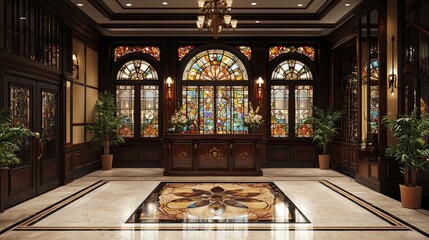 An interior design concept for a boutique hotel lobby, featuring stained glass windows, ornate woodwork, and floral decorations in the Art Nouveau style