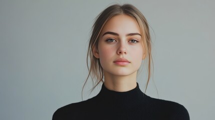 young woman with natural beauty poses against a neutral background in casual attire during a profess