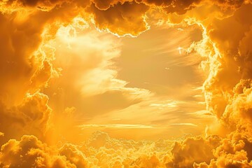 Canvas Print - A plane flies through a bright yellow cloud-filled sky