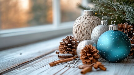 Wall Mural - Pinecones and fir branches with Christmas ornaments arranged on wood for a New Year holiday greeting card.