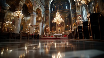 Wall Mural - Elaborate interior of a russian orthodox church with ornate chandeliers and iconography