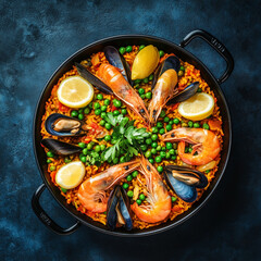 Wall Mural - Classic Spanish dish, seafood paella in traditional frying pan. Spanish paella with shrimps, clams, mussels, green peas and fresh lemon wedges on top