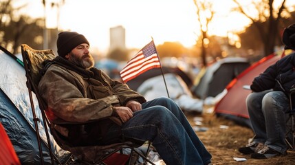 Reflective moment in urban tent city: homelessness and resilience amidst urban struggles