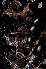 Poster - A splash of coffee beans falling into the water, useful for scenes with morning routine or cafe atmosphere