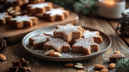 Gingerbread with melted icing sugar and chopped almonds