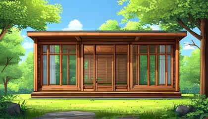 Sticker - Whimsical Cartoon of a Bright Wooden Room Framed by Expansive Windows Overlooking Lush Green Trees