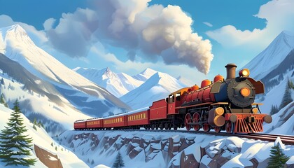 Charming Cartoon Adventure of a Vintage Steam Train Amidst Snow-Capped Mountains