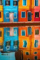 A vibrant row of colorful buildings is beautifully reflected in the water