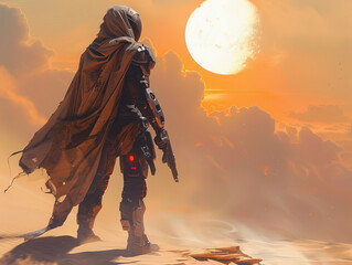 A futuristic desert nomad stands against vibrant sunset, equipped with advanced tech gear. scene evokes sense of adventure and resilience in vast, arid landscape