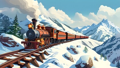 Wall Mural - Charming Cartoon Adventure of a Vintage Steam Train Amidst Snow-Capped Mountains