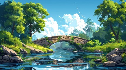 A tranquil riverside landscape with a rustic stone bridge, the clear water reflecting the surrounding lush greenery and the cloudless blue sky.