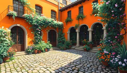 Canvas Print - Vibrant Orange Building Surrounded by Lush Flowers and Plants in a Whimsical Cobblestone Courtyard