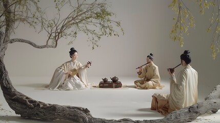 Sticker - there are three women in traditional chinese dress sitting under a tree