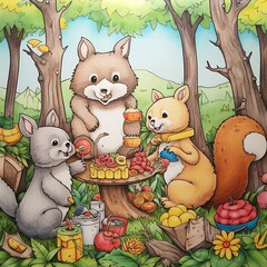 Wall Mural - there are three animals that are eating food in the woods