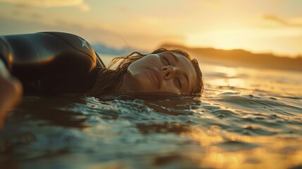 Female surfer relaxing on a board in the waves, enjoying a summer adventure with a backdrop of the ocean and sky. A peaceful scene of swimming and tranquility during a tropical getaway