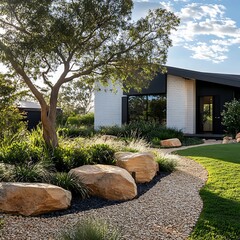 Wall Mural - there is a large rock garden in front of a house