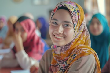 Sticker - A happy woman wearing a headscarf smiles directly at the camera, conveying warmth and friendliness