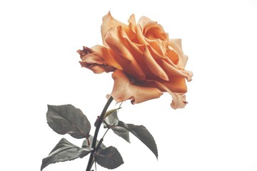 Poster - A single orange rose on a stem against a white background, suitable for use in floral arrangements or as a decorative element