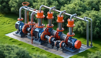 Wall Mural - Isometric View of an Industrial High-Pressure Water Pump System