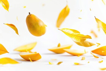 Sticker - A mango falls from above amidst a scattering of bright yellow leaves, capturing a fleeting moment in nature