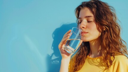 Wall Mural - A person holding a glass of water and taking a drink