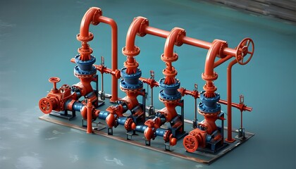 Wall Mural - Isometric View of an Industrial High-Pressure Water Pump System