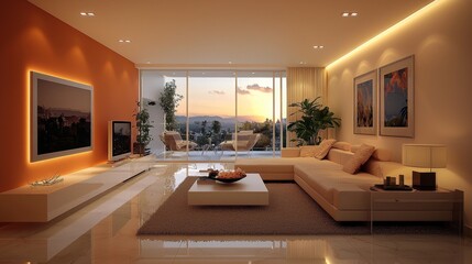 a modern living room interior with walls painted in peach fuzz, complemented by contemporary furnitu