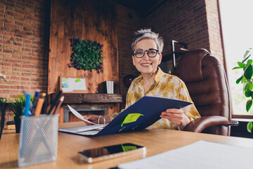 Sticker - Photo of pretty senior female folder boss paperwork wear formalwear coworking successful nice light office