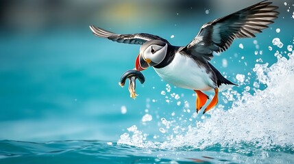 Sticker - Puffin Soaring Above the Waves with Catch