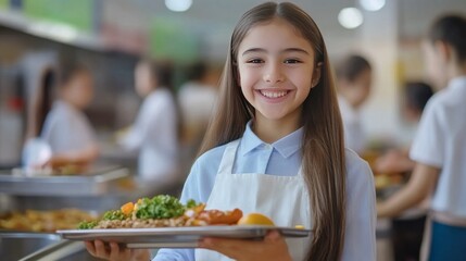 Smiling Young Girl Holding Tray of Food in School Cafeteria