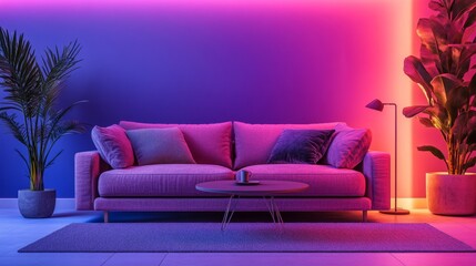 Modern Living Room with Neon Lighting and Stylish Decor