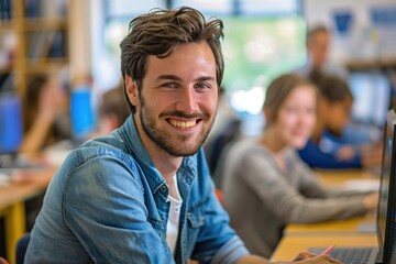 Canvas Print - A person sitting in front of a laptop with a focused expression, ideal for use in illustrations about technology, work or study