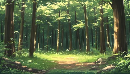 Enchanting anime forest scenery with vibrant colors and whimsical trees