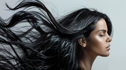 Woman with glossy long black hair flipping it playfully Close-up photo with clean background